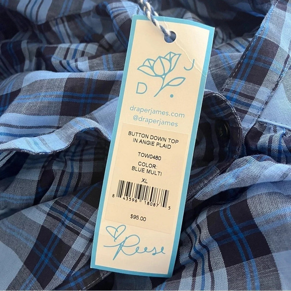 Draper James Midnight Plaid Pleated Puff Shoulder Blouse Top XL NWT - Picture 5 of 6